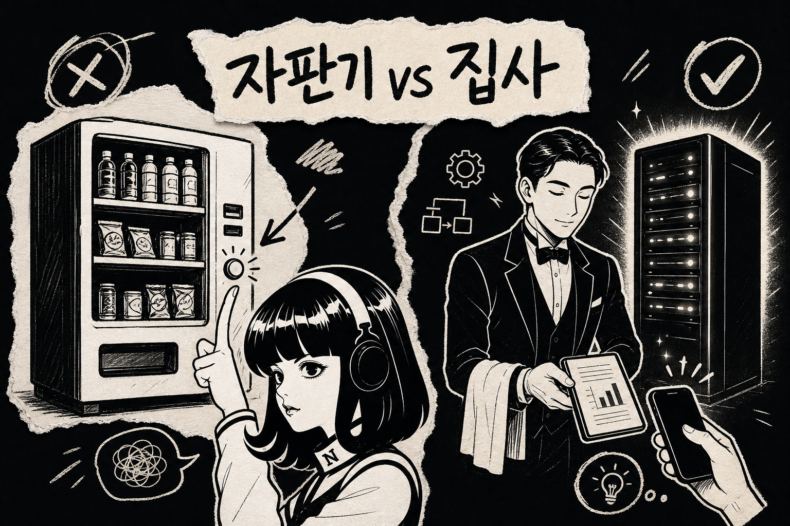 책상 앞 도구와 책상을 떠난 비서의 대비