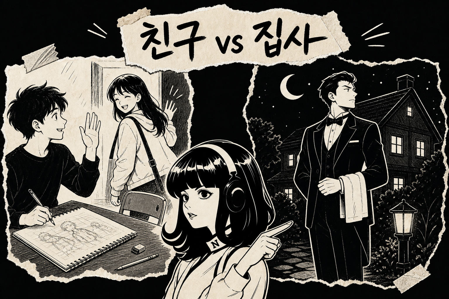 옆에서 같이 그리는 친구와 집을 지키는 집사의 대비