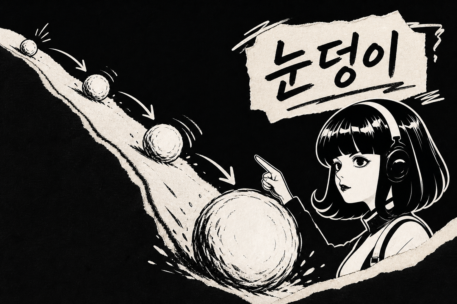 작은 눈덩이가 굴러서 점점 커지는 모습